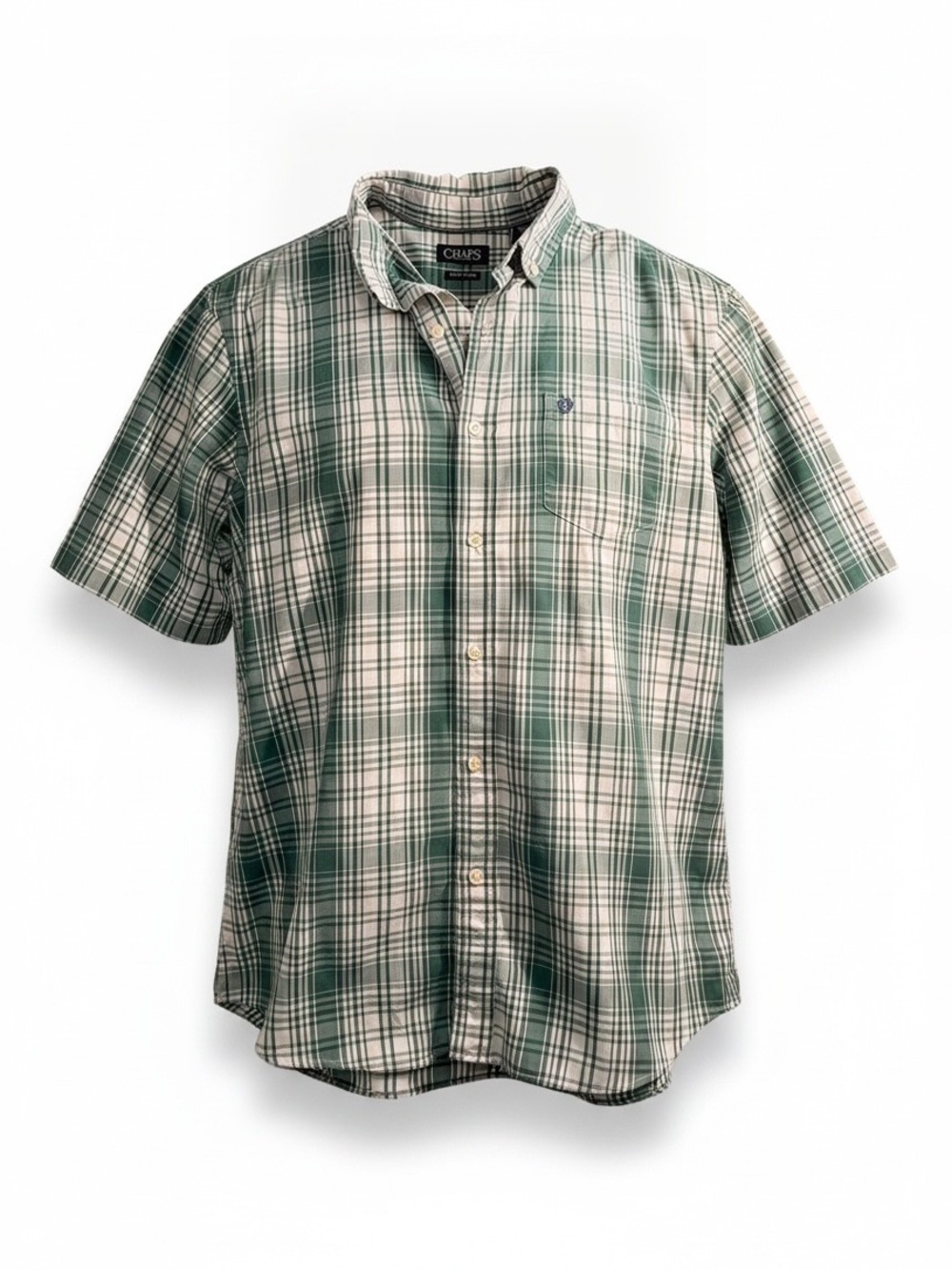 Chaps Men's Green and White Plaid Short-Sleeve Button-Down Shirt